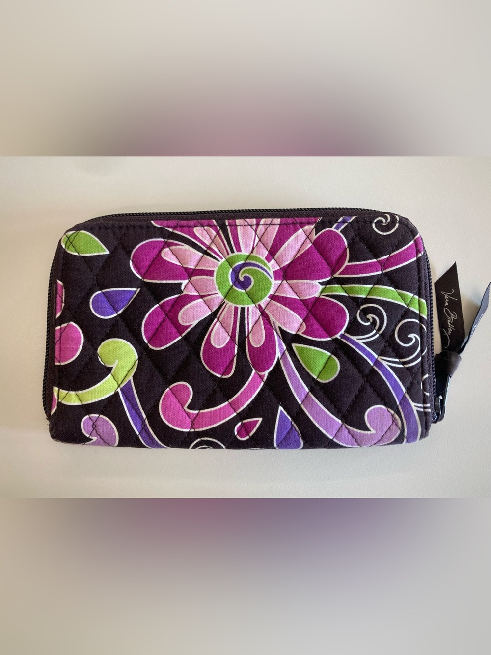 Vera Bradley Brown Quilted Zip Wallet with Purple & Pink Floral Print
